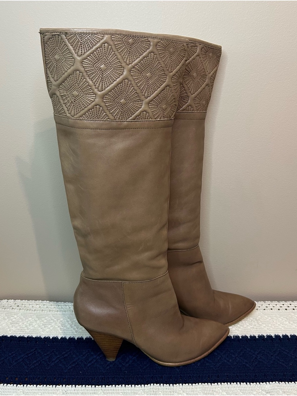 b. makowsky Taupe Over-the-Knee Leather Boots with Embroidered Cuff